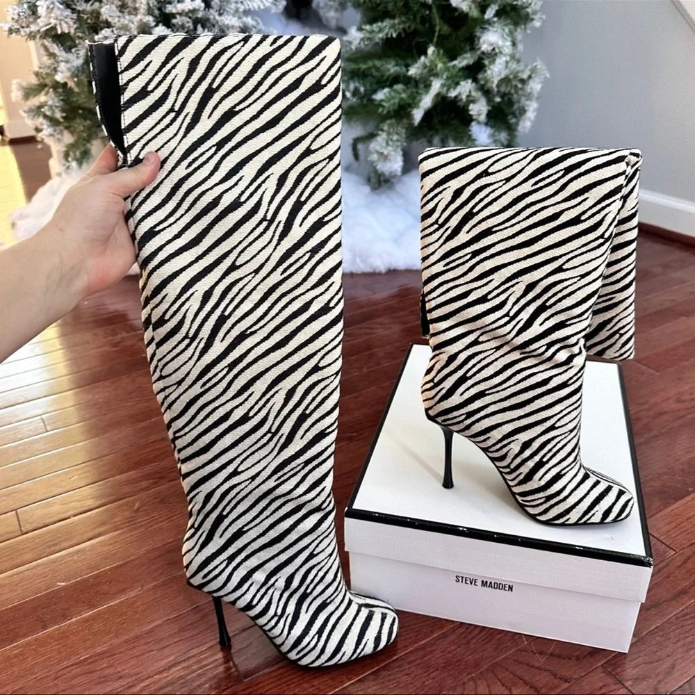 Steve Madden Alluring Zebra Black White Over the Knee Square Toe Heeled Boots